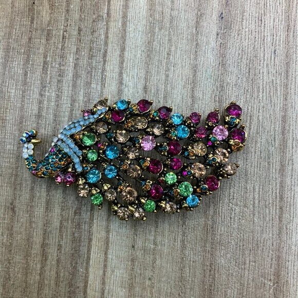 Peacock Jeweled Multi Colored Rhinestone Vintage Style Gold Tone Brooch - Picture 7 of 7